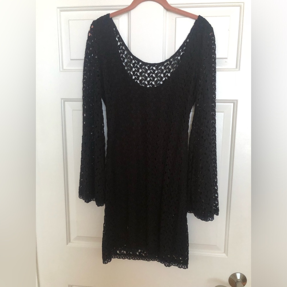 Free People Black Embellished Bell Sleeve Sheath Dress
